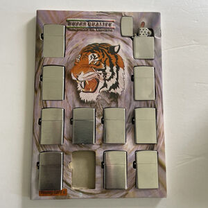Unused Vintage 11pc Windproof Lighter Display ~ Silver